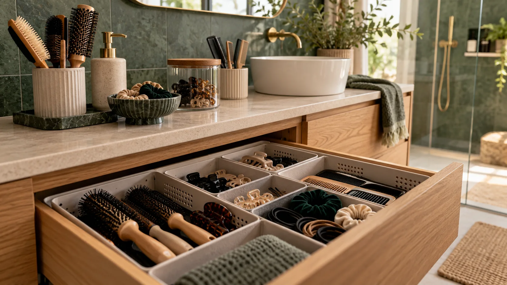 Szuflada łazienkowa z uporządkowanymi szczotkami, grzebieniami, gumkami i spinkami do włosów