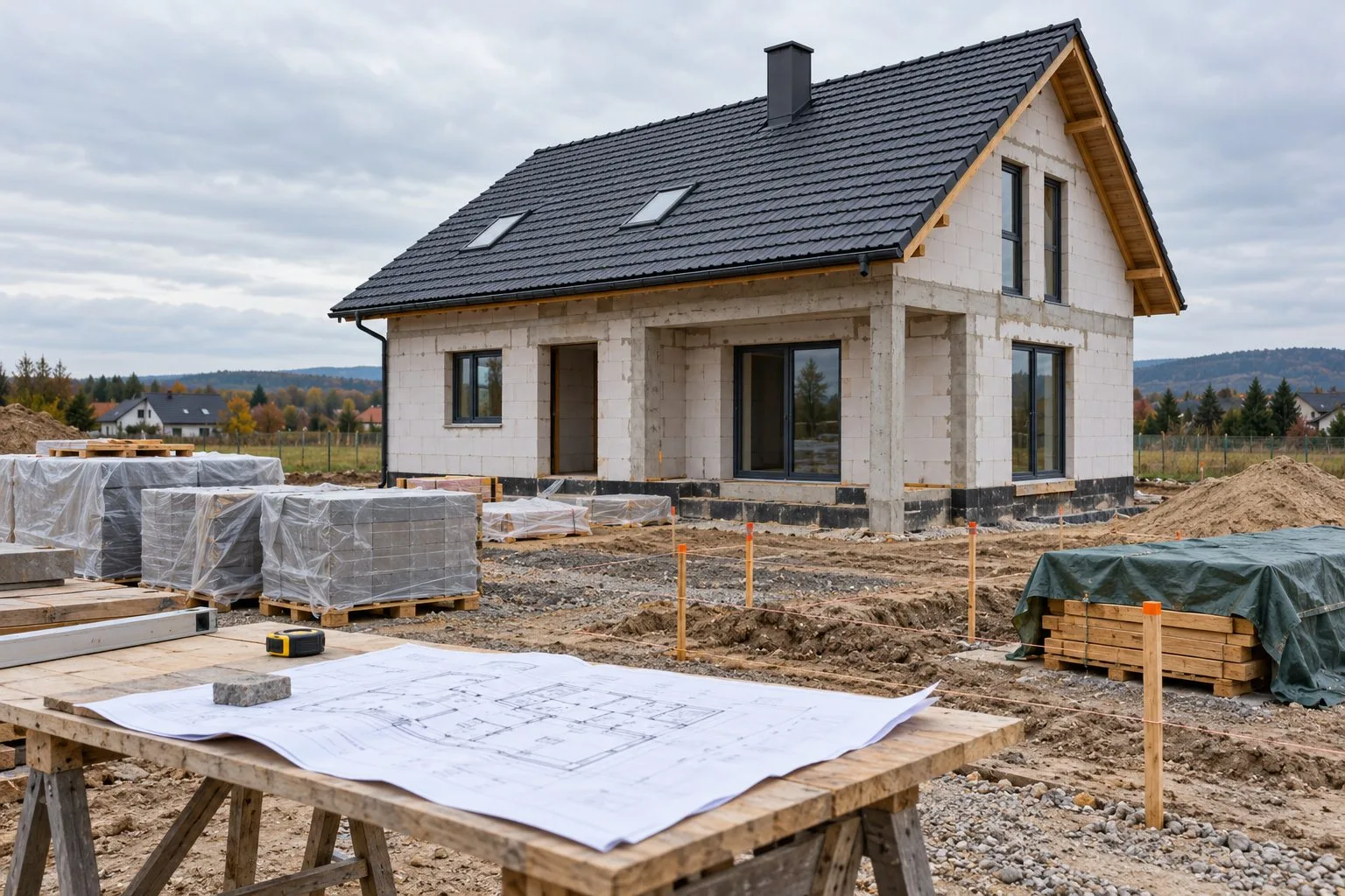 Dom jednorodzinny w stanie surowym z uporządkowanym placem budowy i projektem na stole
