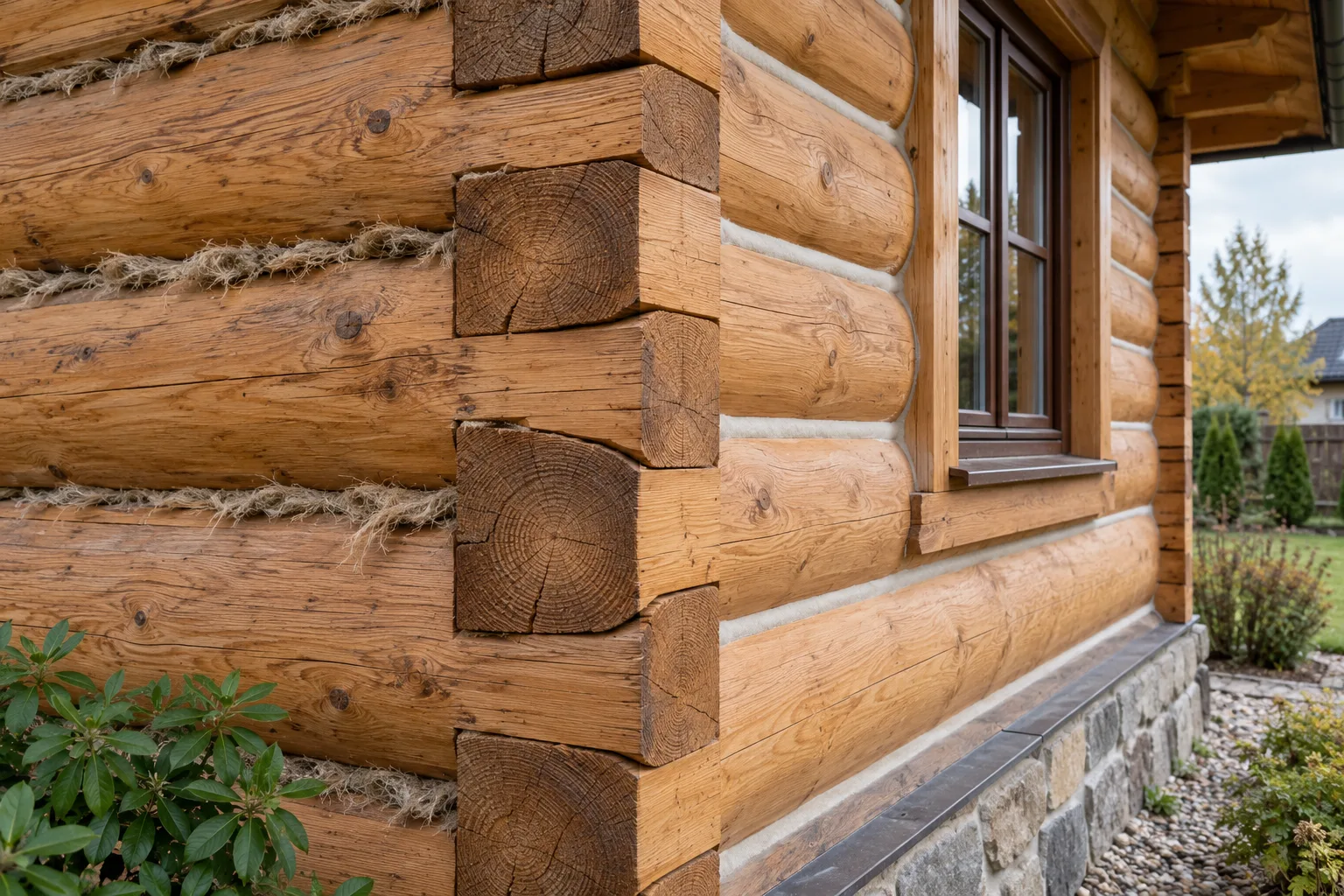 Narożnik domu z bali z widocznymi spoinami i przygotowanym odcinkiem do kontrolowanego uszczelnienia