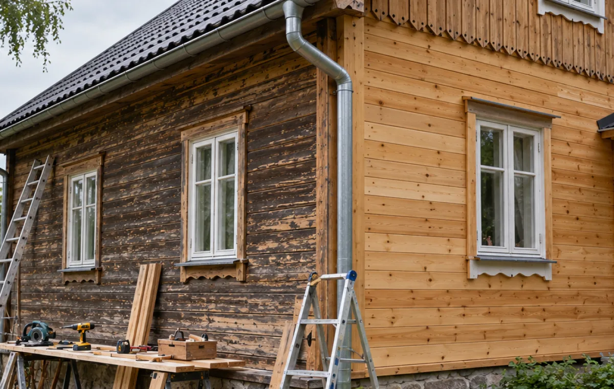 Narożnik drewnianego domku letniskowego z rynną, podwaliną i tarasem przed renowacją