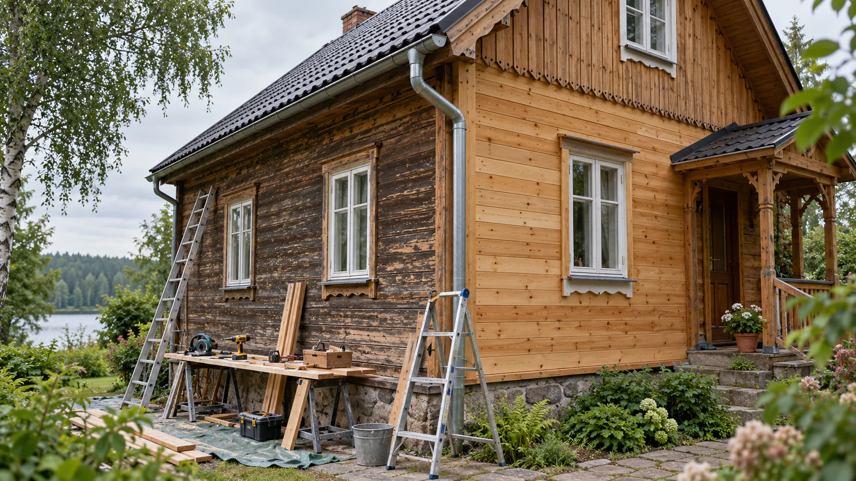 Drewniany domek letniskowy podczas etapowej renowacji elewacji