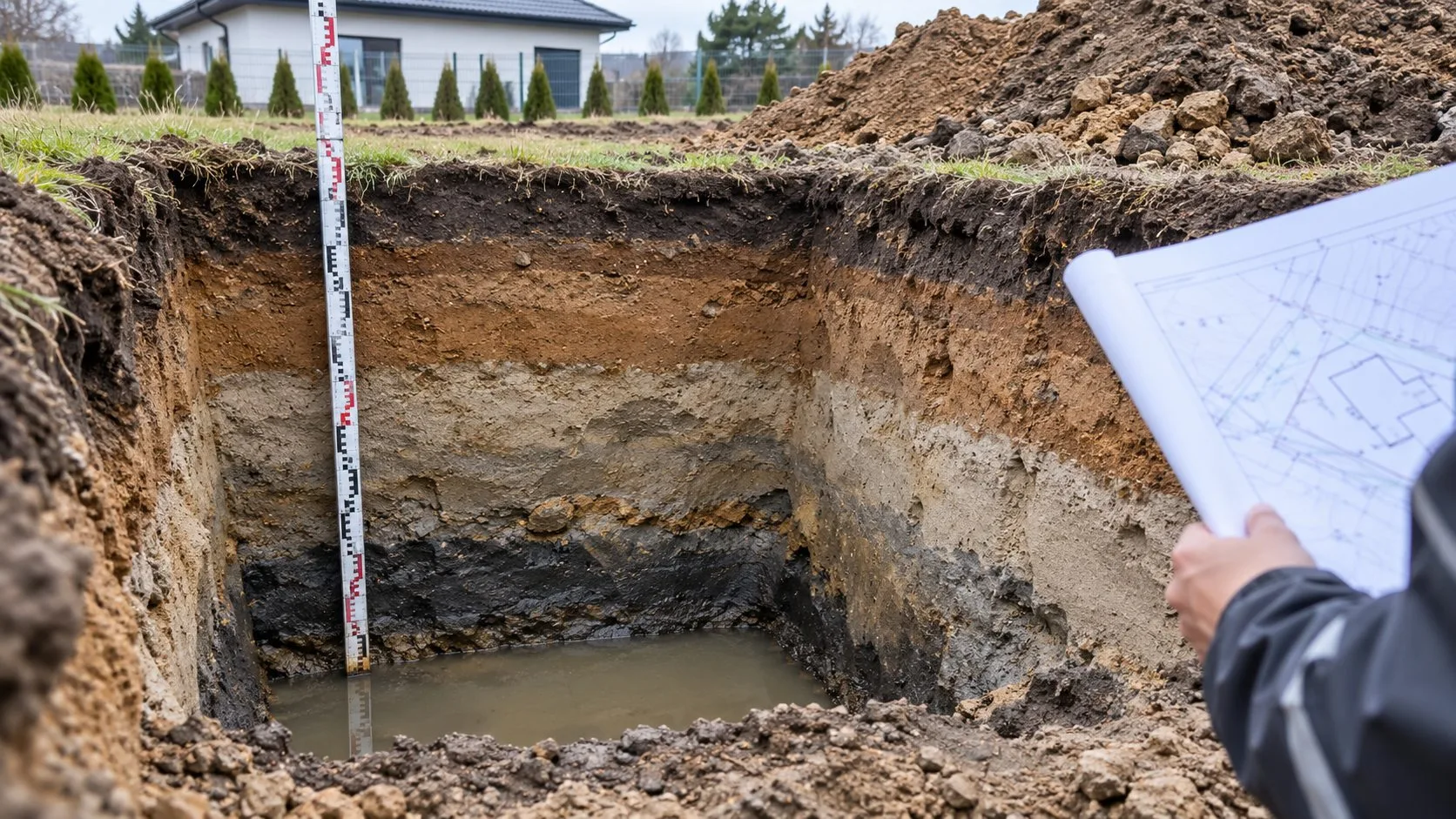 Odkrywka geotechniczna na działce pokazująca warstwy gruntu i wodę przy łacie pomiarowej