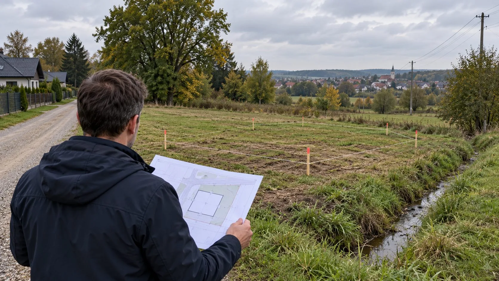 Ocena działki budowlanej z mapą, wytyczonym obrysem domu, drogą i rowem