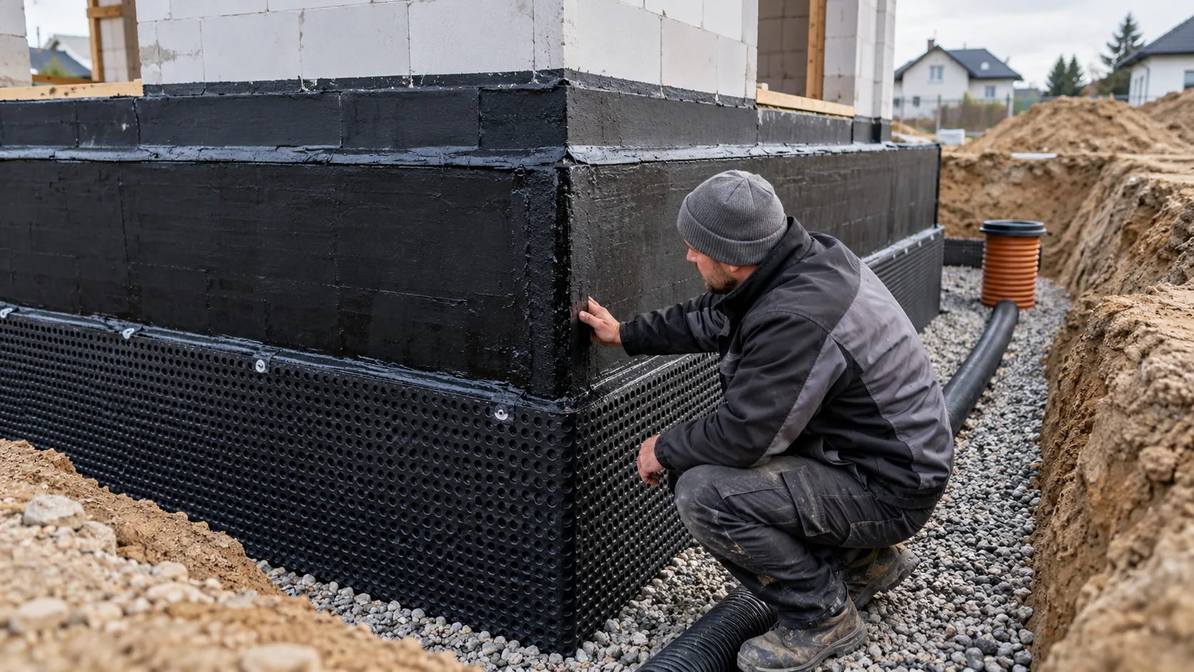 Fundament domu przed zasypaniem z widoczną izolacją pionową, poziomą i warstwą ochronną