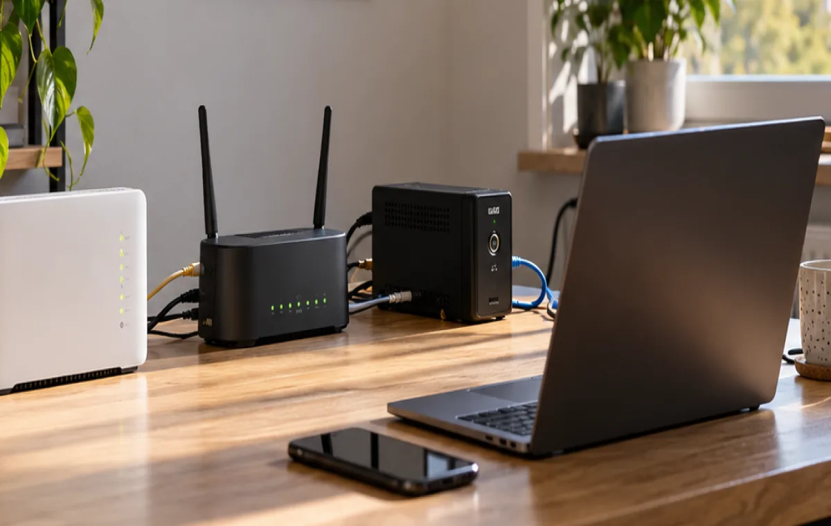 Router światłowodowy, router mobilny i zasilacz awaryjny na biurku