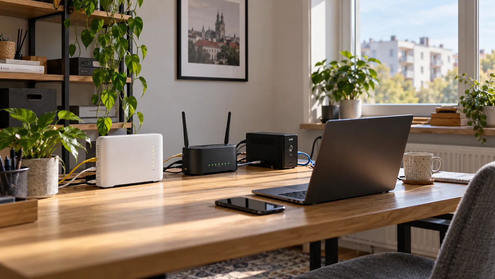 Router stacjonarny, router mobilny i zasilacz awaryjny w domowym biurze