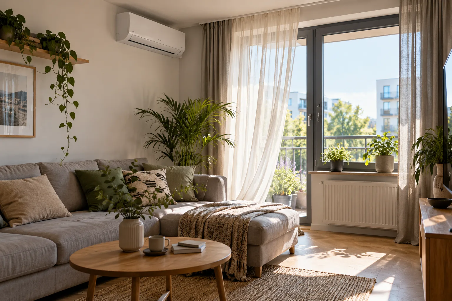 Klimatyzator ścienny w realnym salonie z widoczną relacją do okna, kanapy i kierunku nawiewu