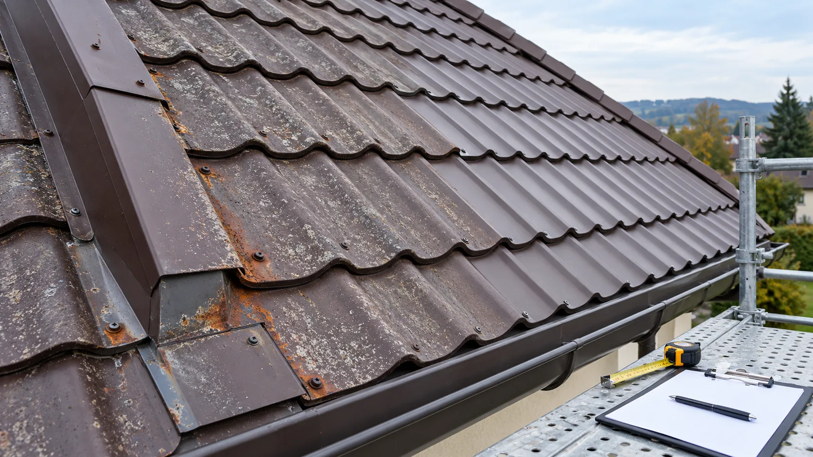 Metalowy dach z zużytą powłoką i odnowionym polem kontrolnym podczas oględzin
