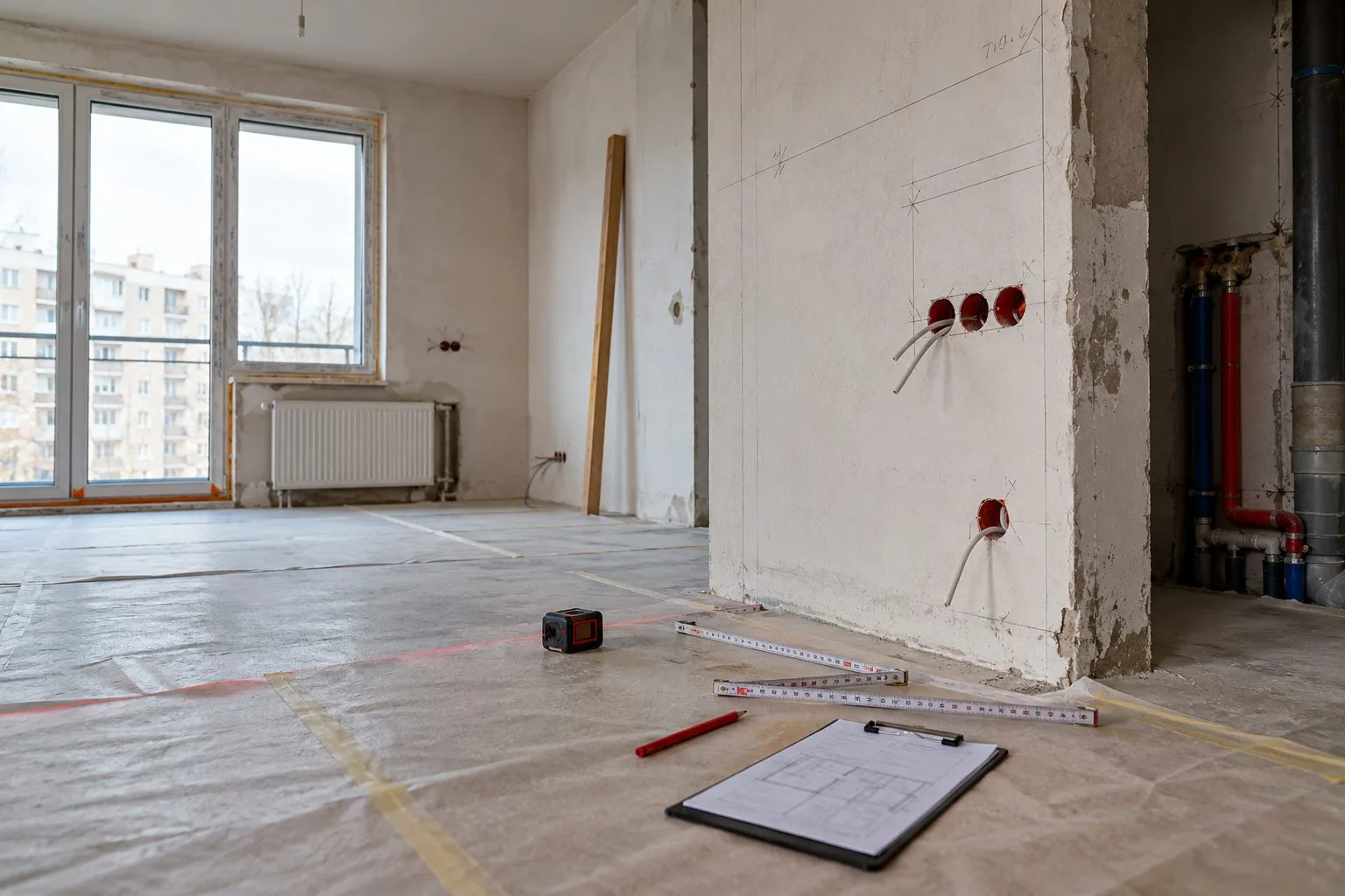 Pomiar mieszkania przed remontem z laserem, miarą i rzutem pomieszczeń