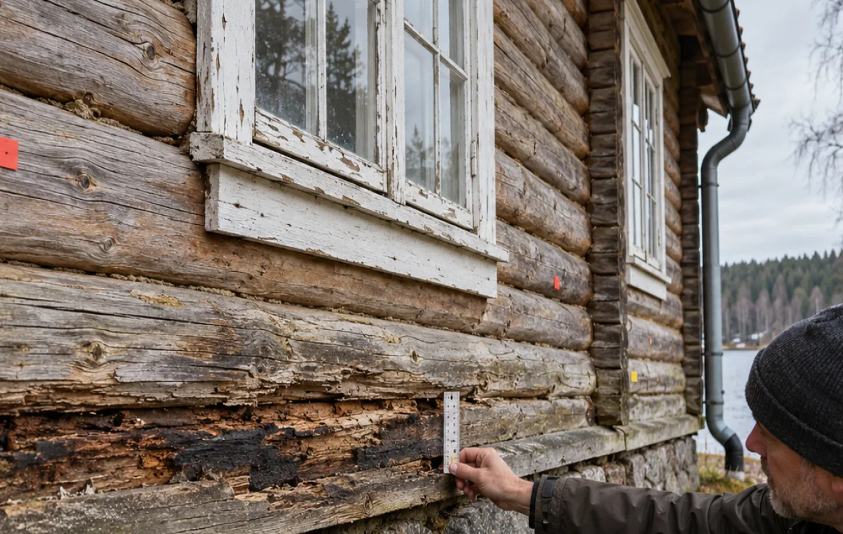 Elewacja domu z bali podczas oględzin z miarką i oznaczeniami miejsc uszkodzeń