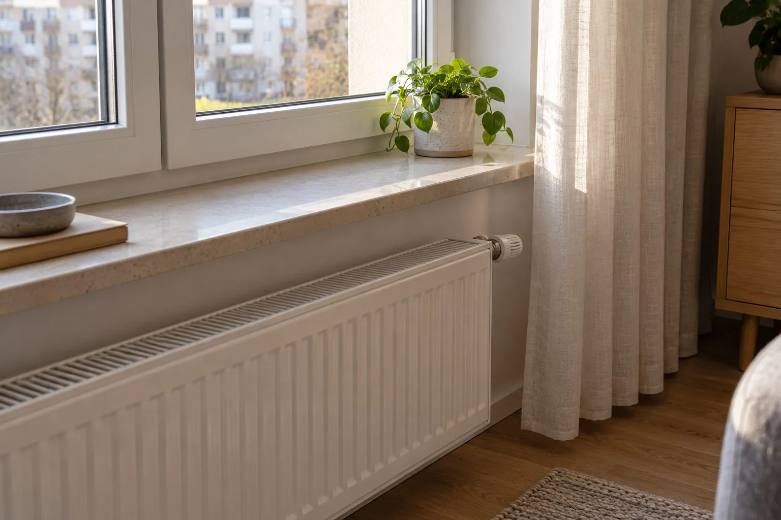 Jasny parapet wewnętrzny nad grzejnikiem z luźno wiszącą lnianą zasłoną