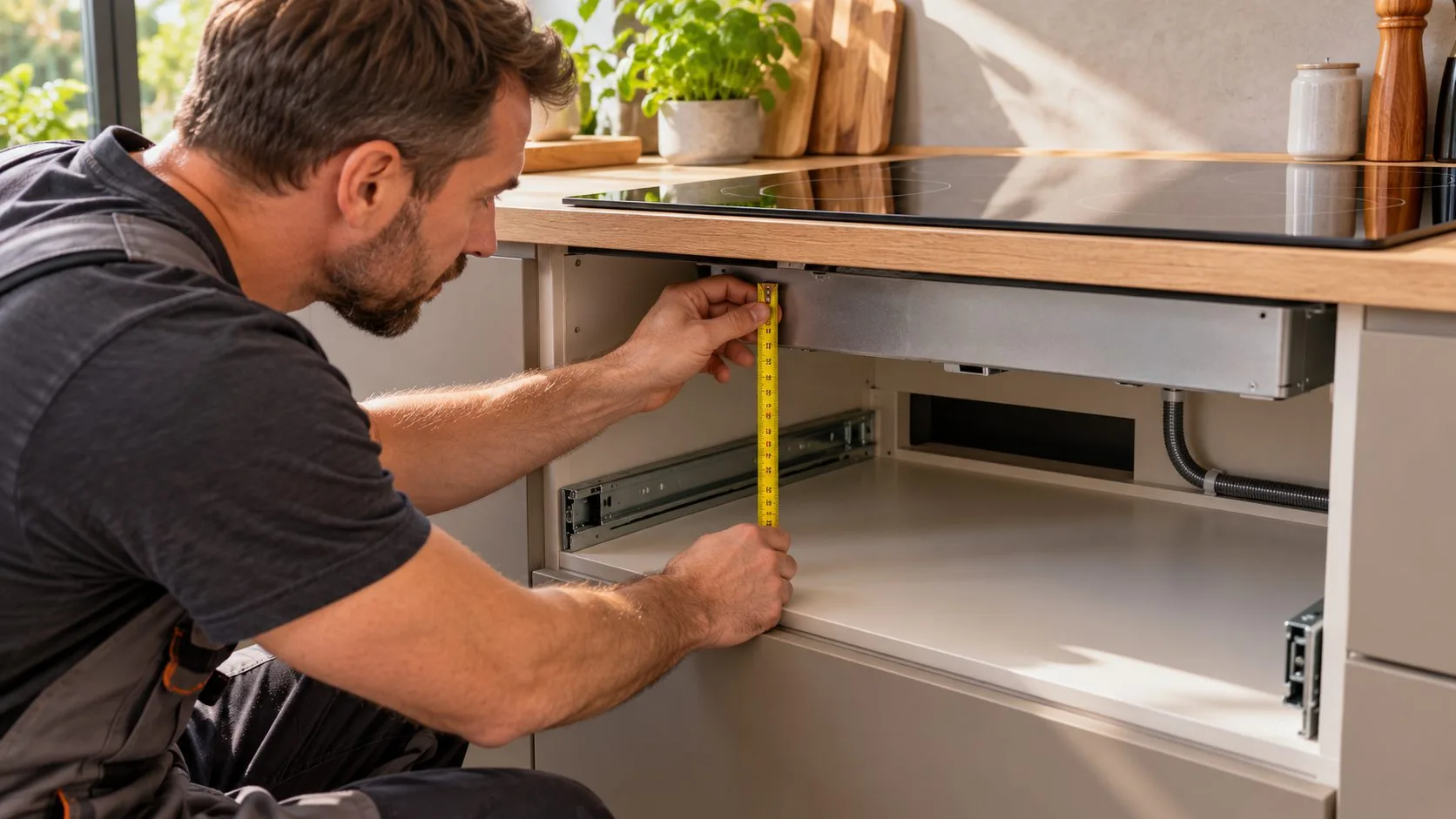 Instalator mierzący wolną przestrzeń i drogę powietrza pod płytą indukcyjną po wyjęciu szuflady