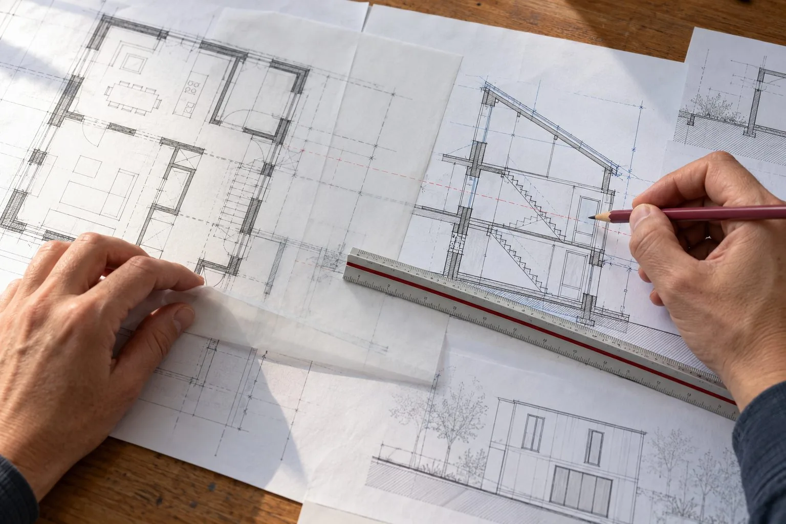 Porównywanie rzutu domu z przekrojem przy użyciu kalki i linijki architektonicznej