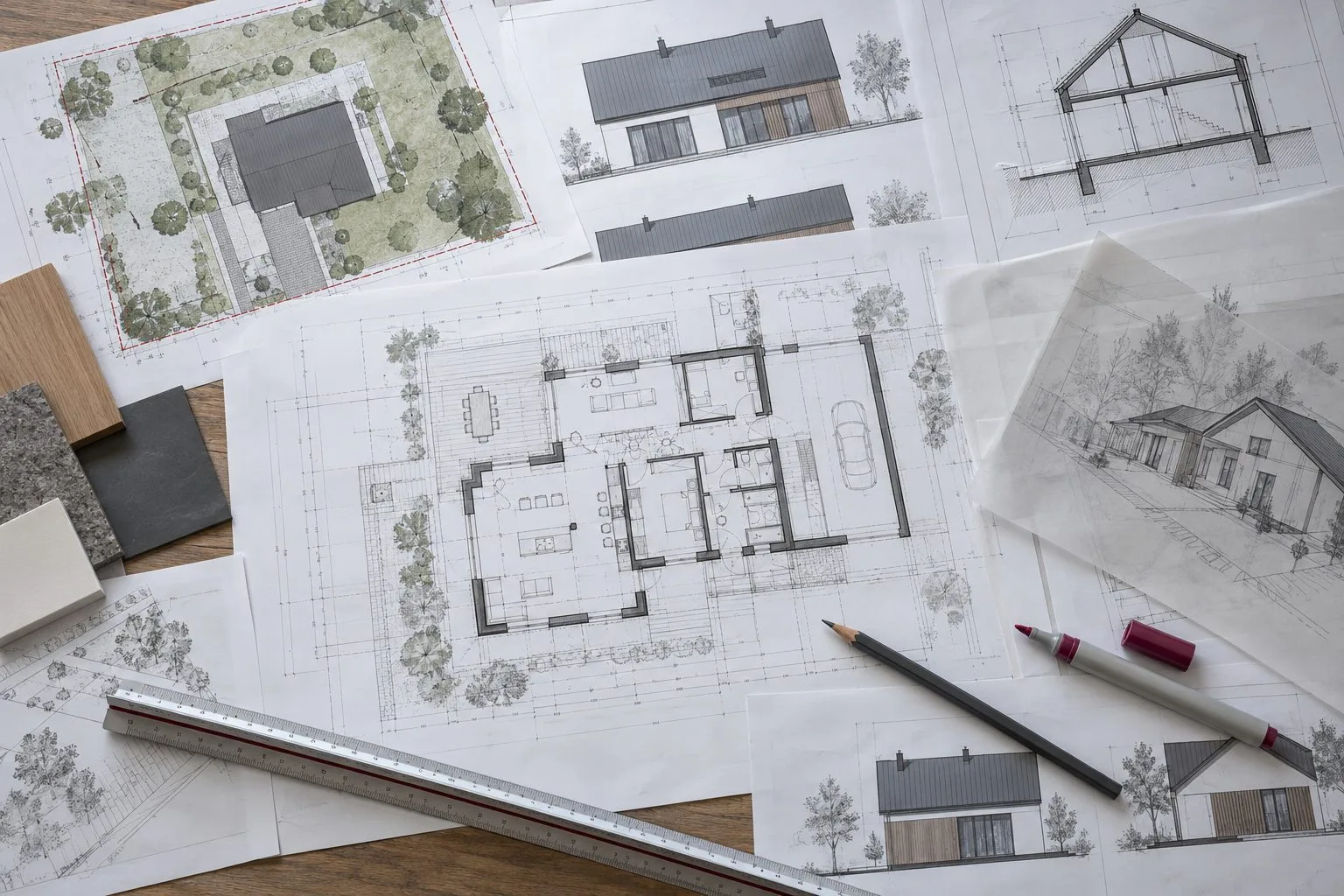 Komplet rysunków projektu domu rozłożony na stole z rzutem, przekrojem i elewacjami