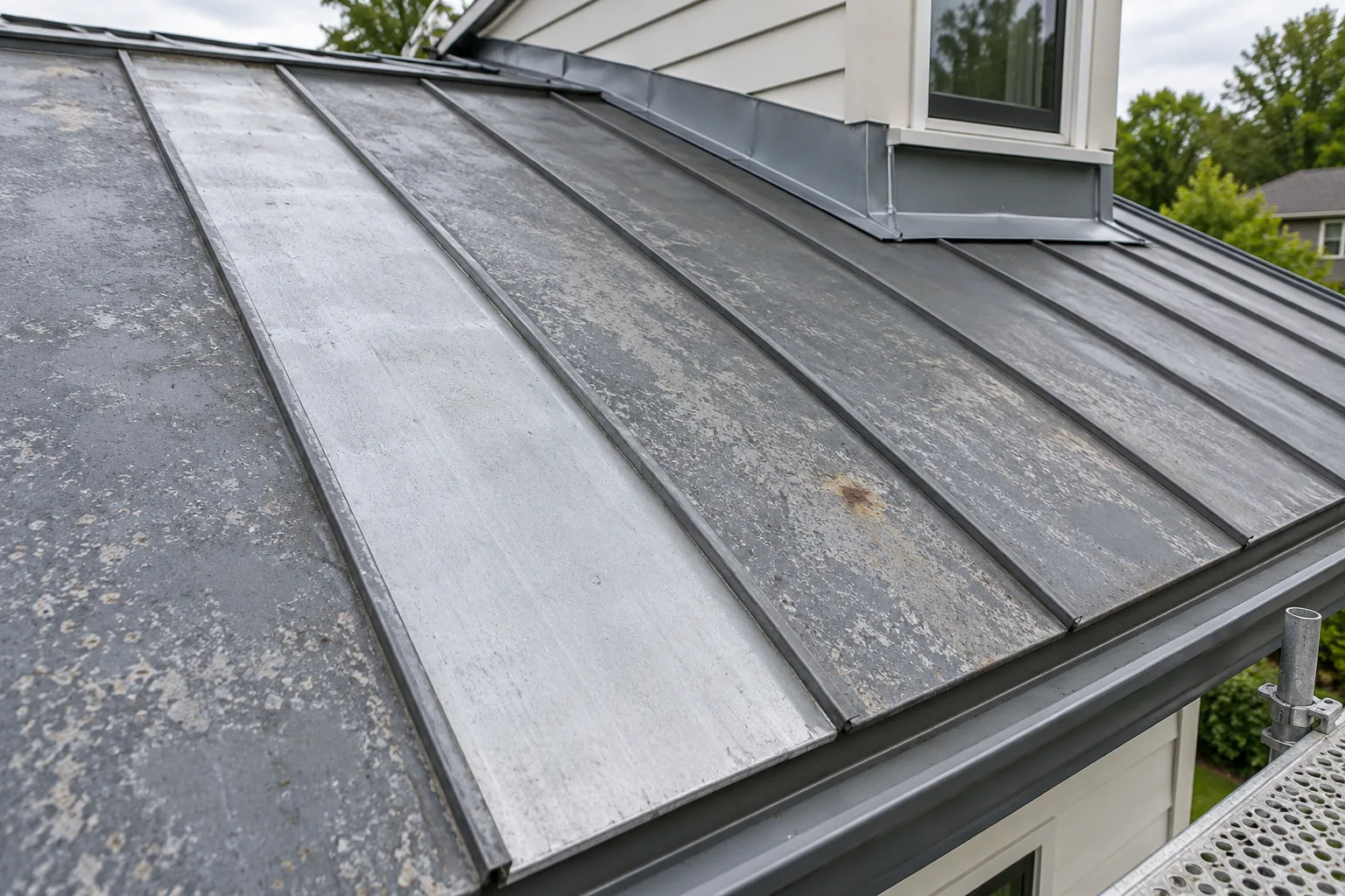 Fragment metalowego dachu z polem próbnym czyszczenia, starą powłoką i lokalnym ogniskiem korozji