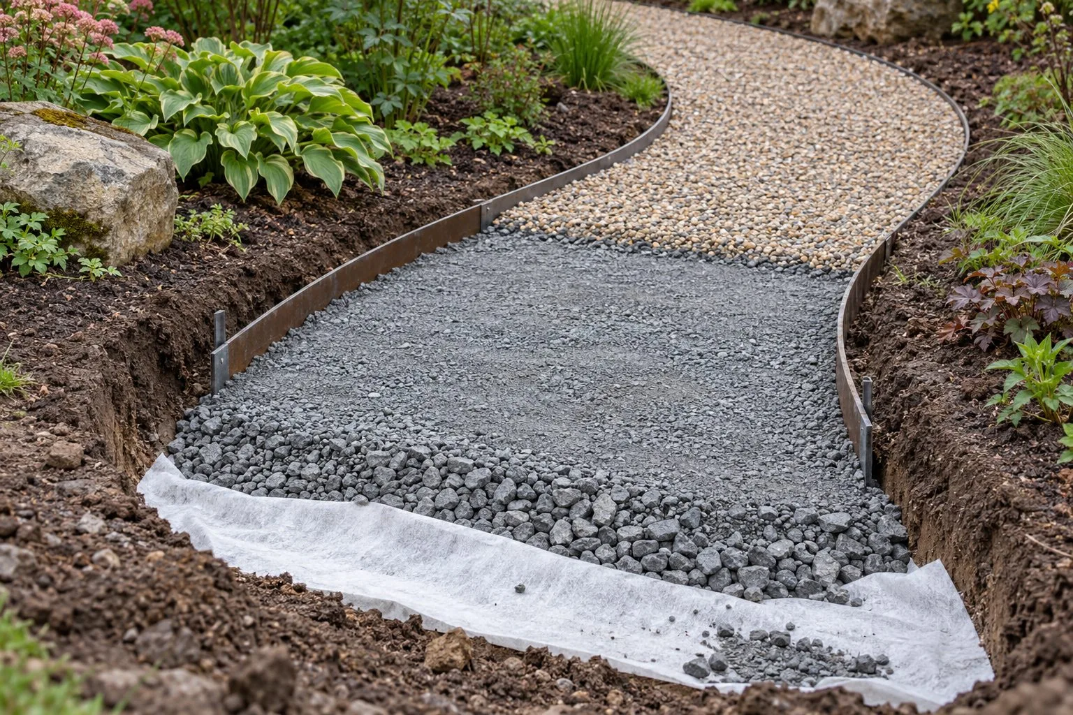 Budowana ścieżka ogrodowa z widoczną geowłókniną, warstwami podbudowy, obrzeżem i gotowym żwirem