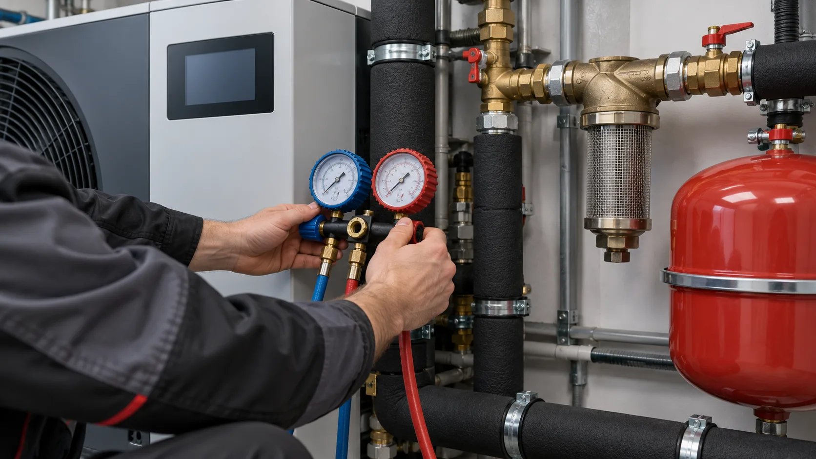 Profesjonalna kontrola instalacji hydraulicznej i parametrów pompy ciepła w pomieszczeniu technicznym