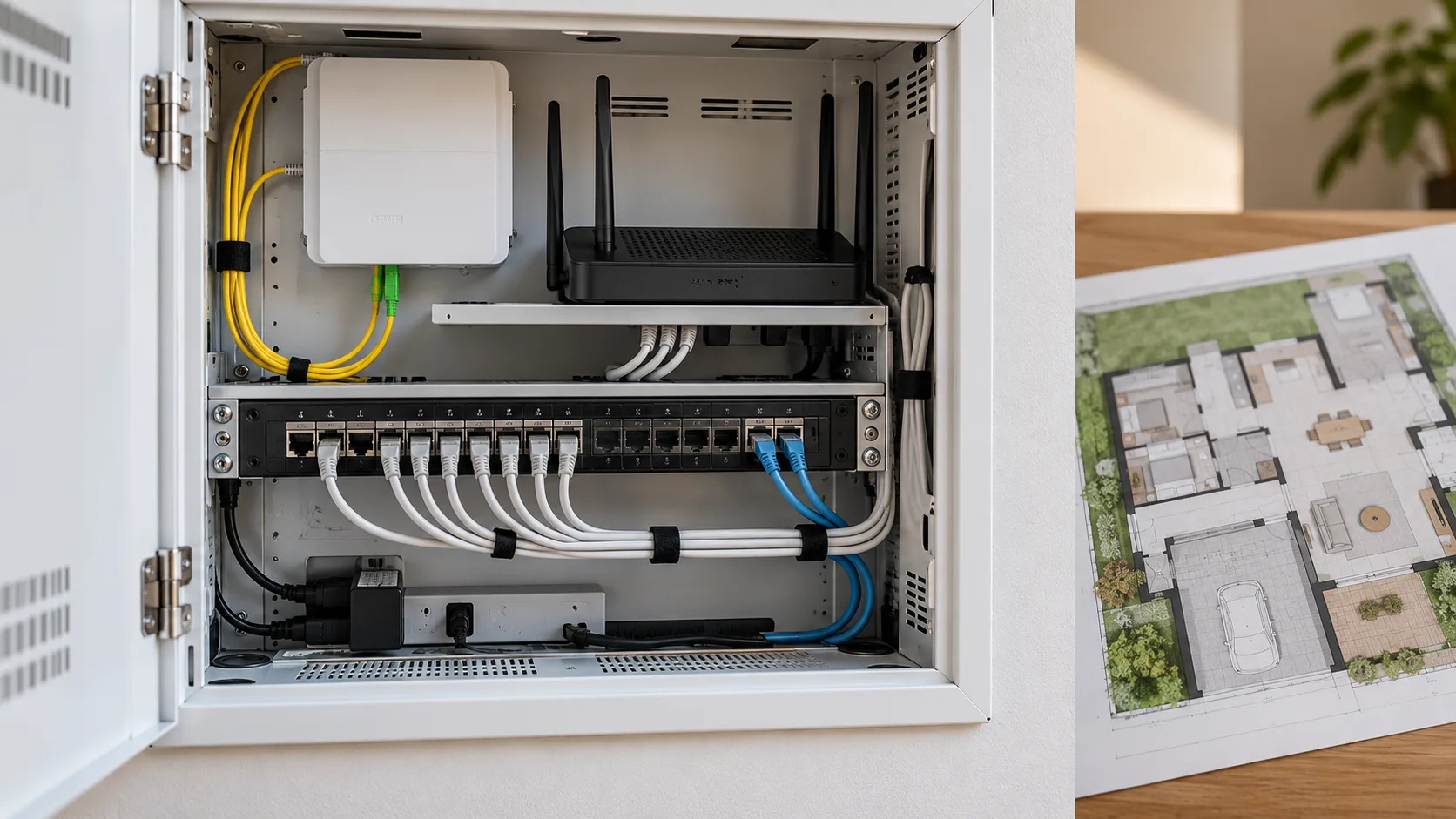 Uporządkowana domowa szafka teletechniczna z zakończeniem światłowodu, routerem, panelem i przewodami Ethernet
