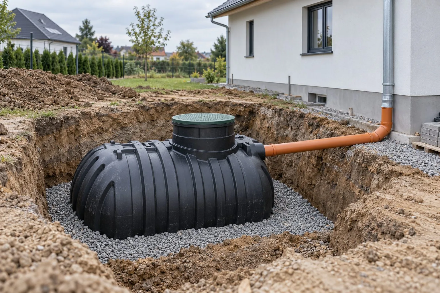 Podziemny zbiornik na deszczówkę montowany przy domu i połączony z rurą spustową